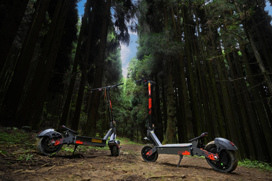KuKirin electric scooters parked on a forest path