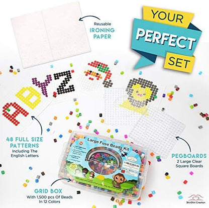 Mosaibead Beginner Beads Kit | 1,500 Easy-Grip Beads & 48 Design Cards